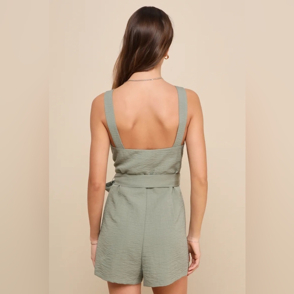 Lulus Daily Choice Sage Green Sleeveless Belted Button-Front Romper - Picture 4 of 9